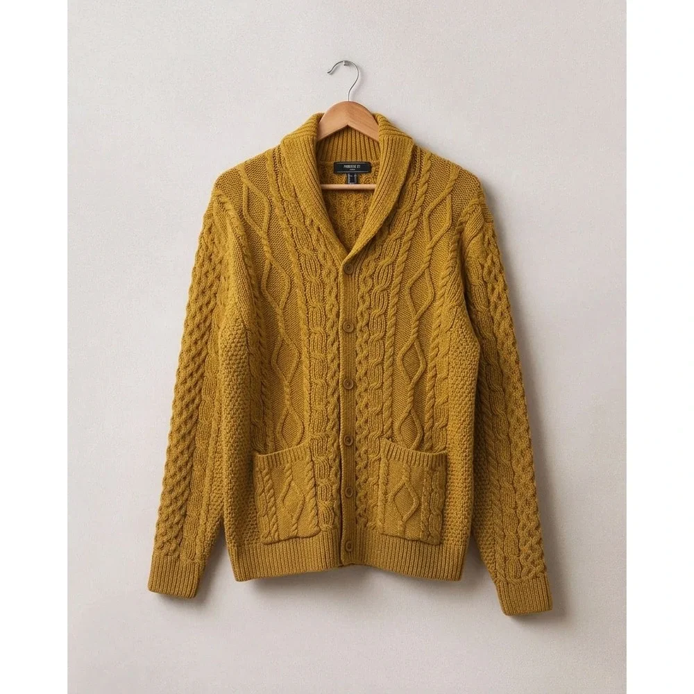 Mens Cable  Knit Cardigan Tan Brown Golden Yellow Shawl Collar Sweater XL Preppy